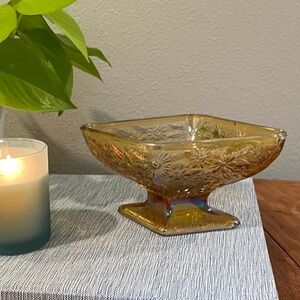 Vintage Indiana Glass Company Amber Marigold Carnival Glass Pedestal Dish